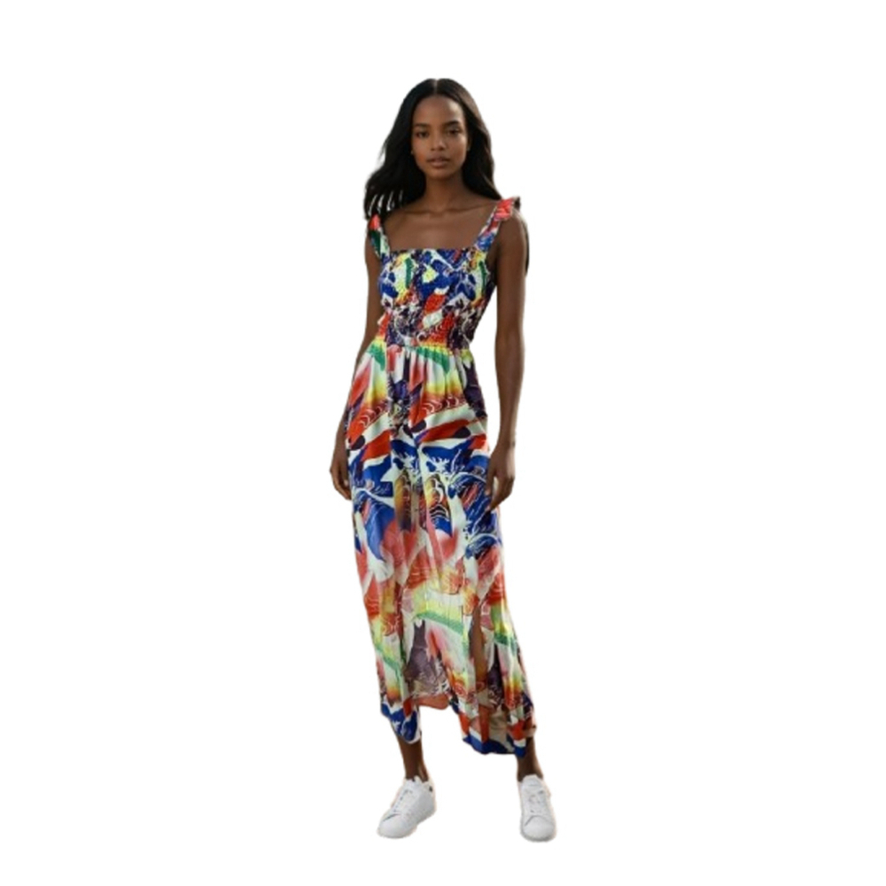 Women’s Colorful Boho Maxi Dress Smocked Top, Adjustable Straps, Floral Print S